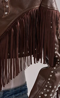 AZALEA WANG Reece Brown Western Fringe Faux Leather Jacket