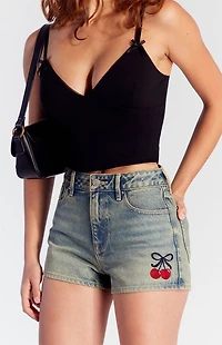 Pacsun Tinted Cherry Embroidered High Waisted Denim Festival Shorts