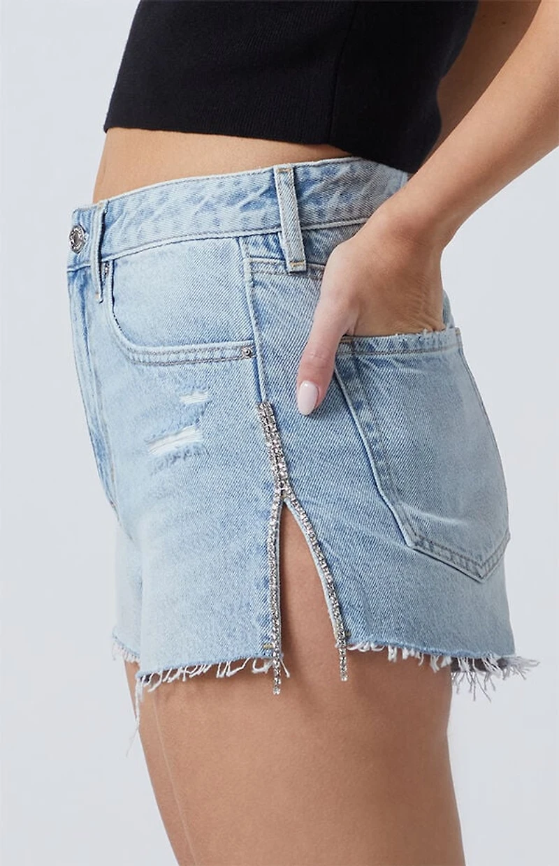Pacsun Light Indigo Rhinestone Fringe High Waisted Denim Festival Shorts