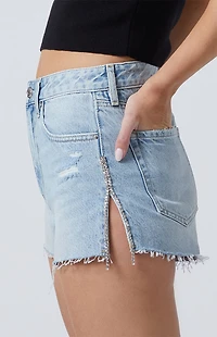 Pacsun Light Indigo Rhinestone Fringe High Waisted Denim Festival Shorts