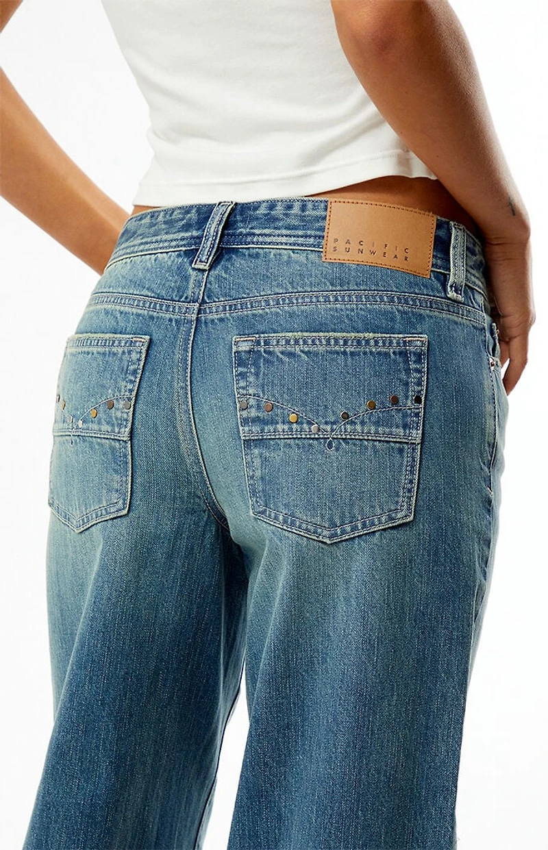 Pacsun Casey Low Rise Baggy Jeans Pocket Studs Medium Blue