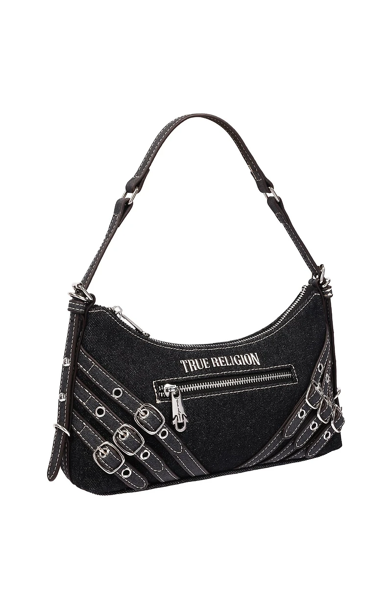 True Religion Triple Straps Black Denim Shoulder Bag