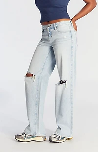 Pacsun Casey Fray Low Rise Baggy Jeans Ripped Light Indigo