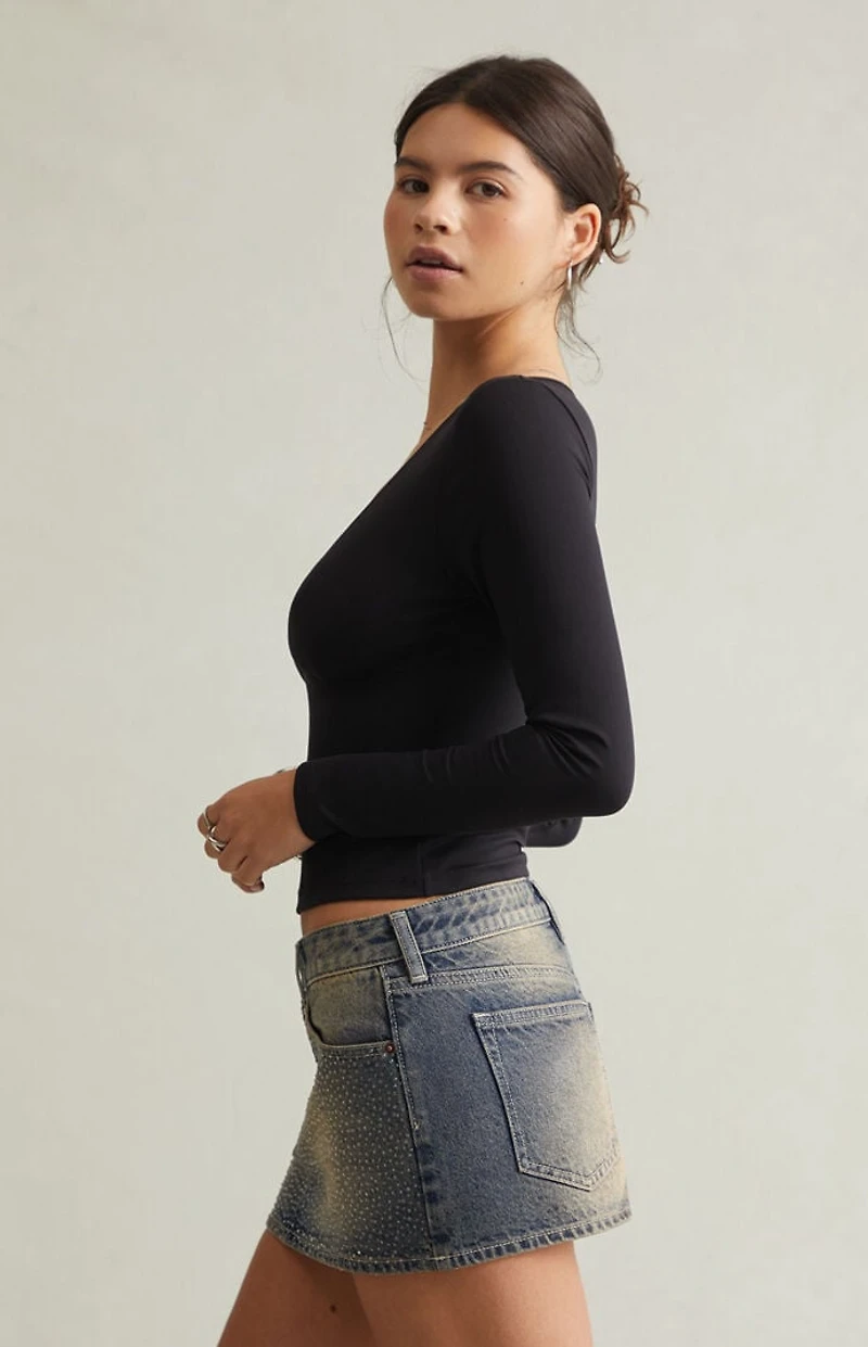 Pacsun Dark Blue Tint Rhinestone Low Rise Denim Micro Mini Skirt