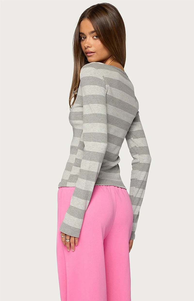 Edikted Dea Striped Henley Long Sleeve T-Shirt