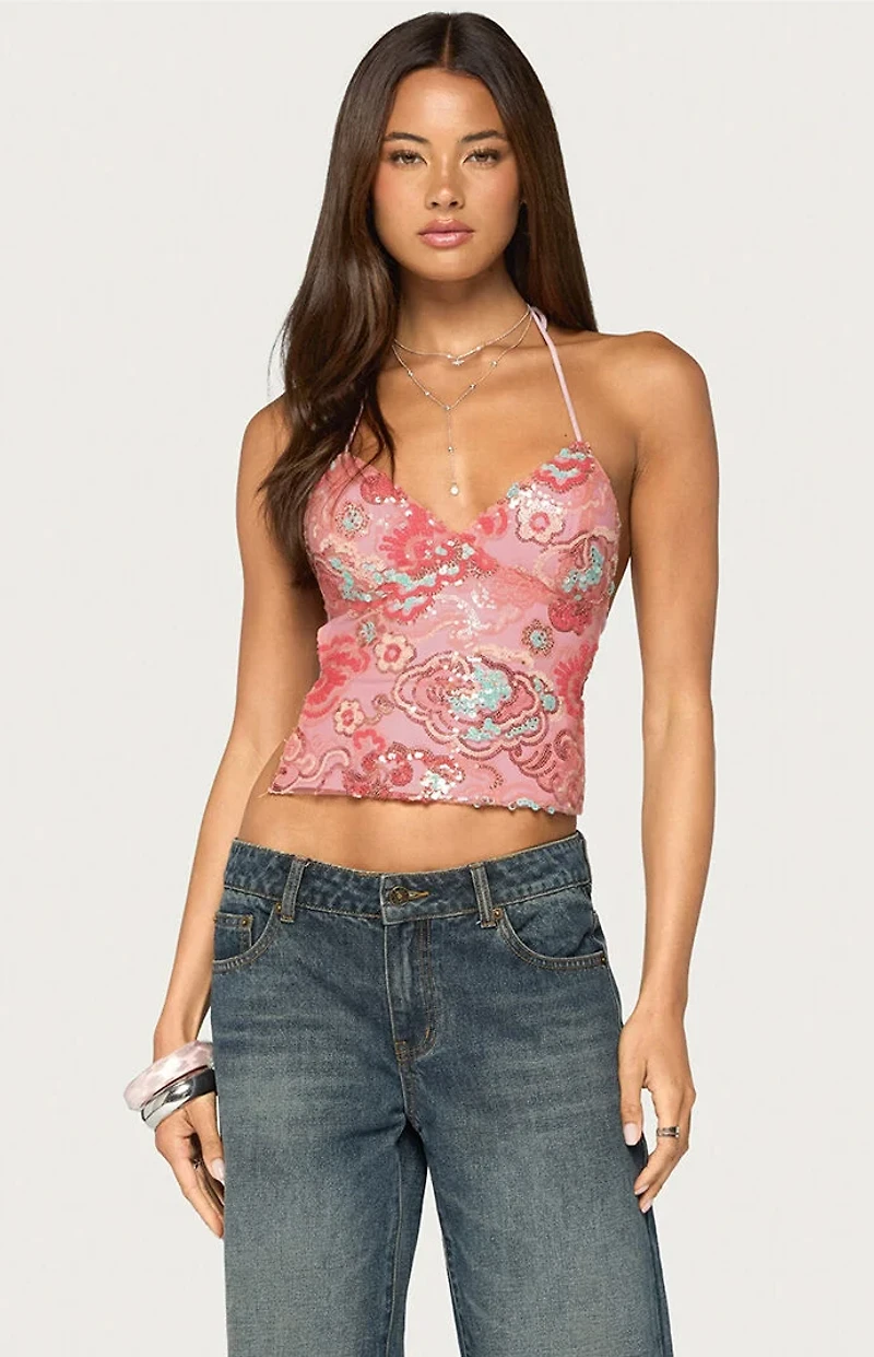 Edikted Cheri Bead & Sequin Backless Top
