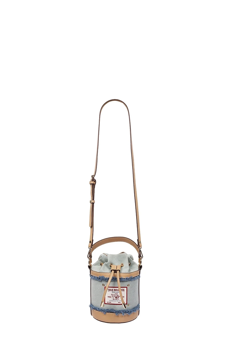 True Religion Buddha Patch Frayed Denim Bucket Bag