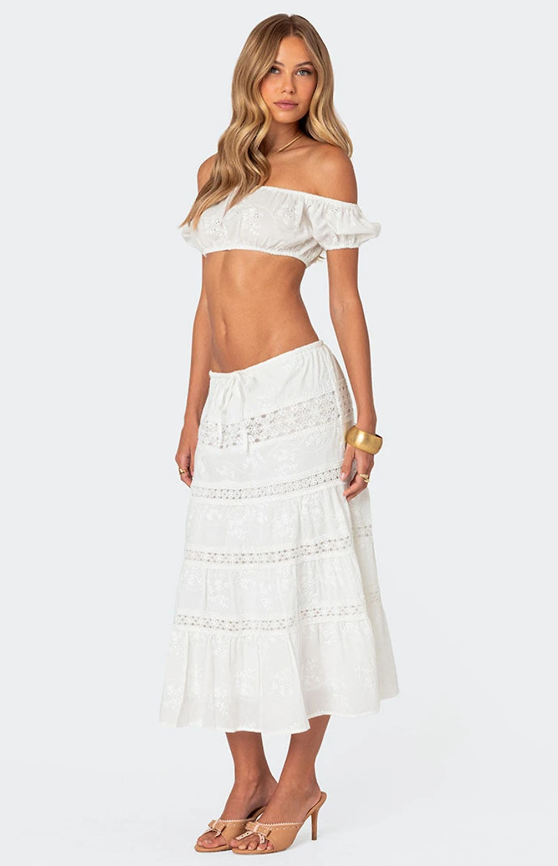 Edikted Tiered Cotton Lace Midi Skirt