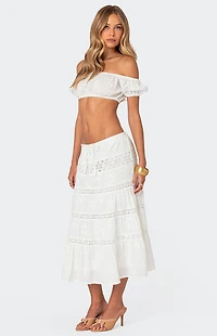Edikted Tiered Cotton Lace Midi Skirt