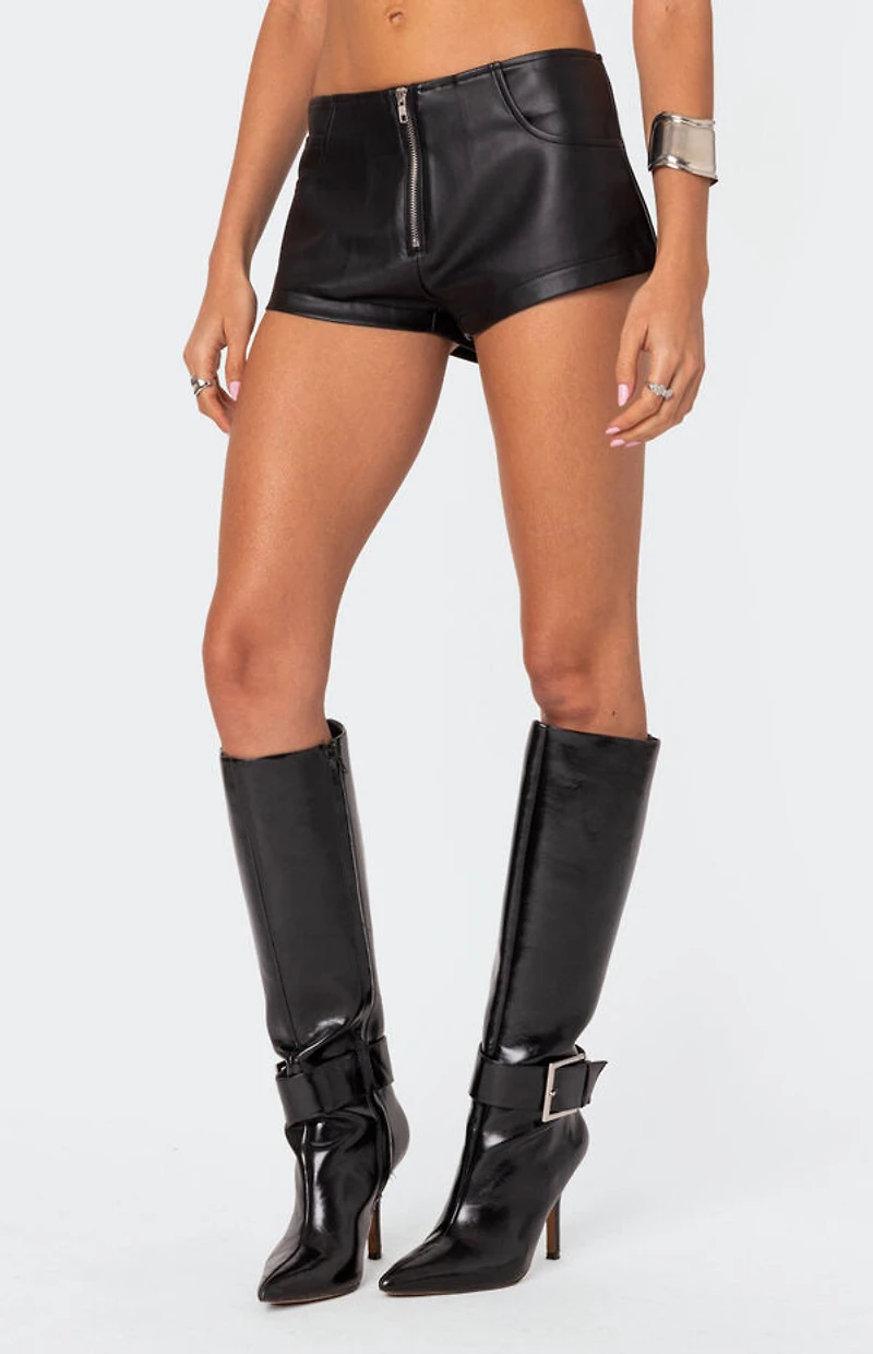 Edikted Zippy Faux Leather Micro Shorts