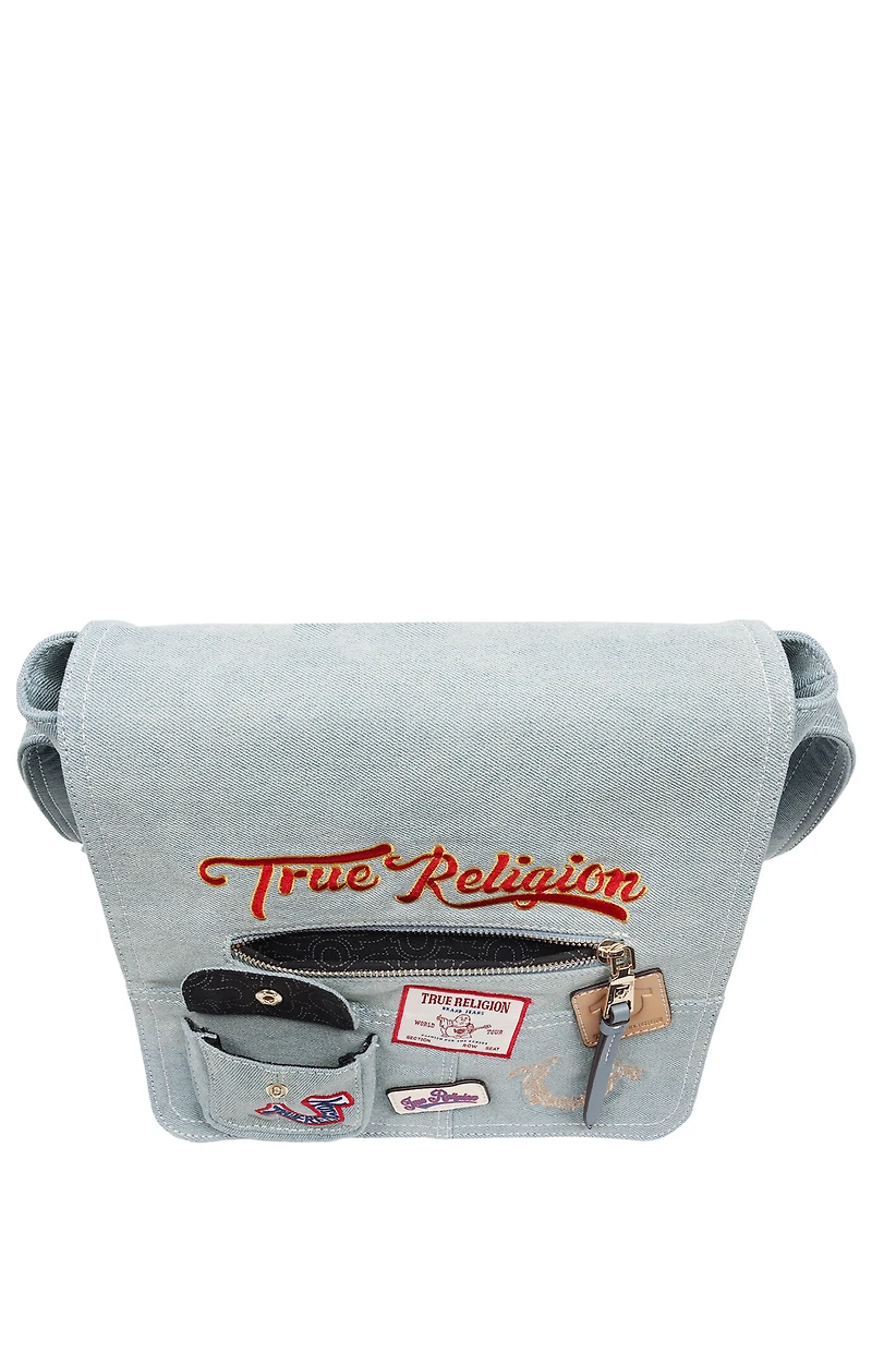 True Religion Blue Denim Multi Patch Messenger Bag