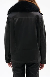 AZALEA WANG Aurelia Black Faux Leather & Fur Moto Jacket
