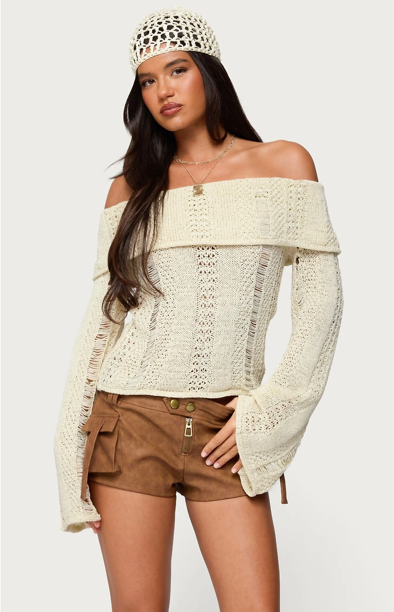 Edikted Renna Distressed Fold Over Knit Top