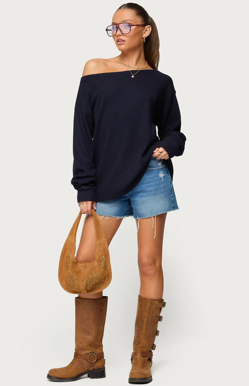 Edikted Damari Off Shoulder Oversized Waffle Top