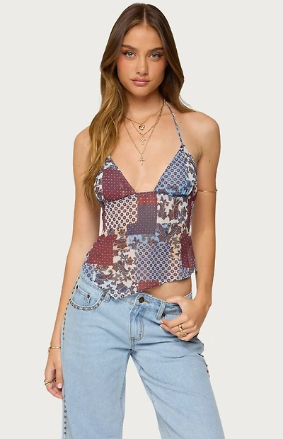 Edikted Mixed Patchwork Backless Halter Top