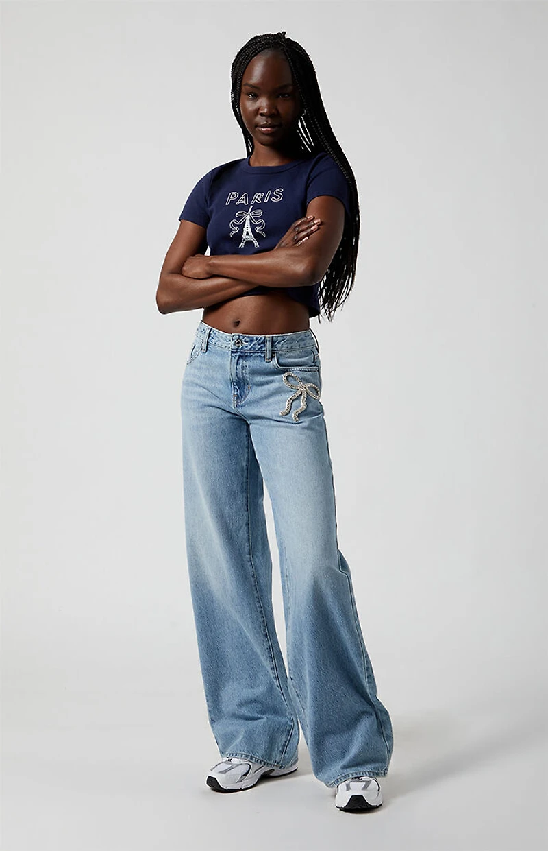 Pacsun Casey Low Rise Baggy Jeans Rhinestone Bow Light Indigo