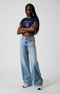 Pacsun Casey Low Rise Baggy Jeans Rhinestone Bow Light Indigo