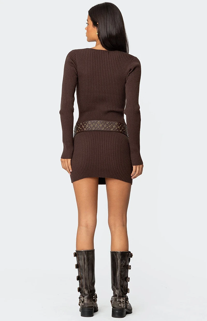 Edikted Ribbed Knit V Neck Mini Dress