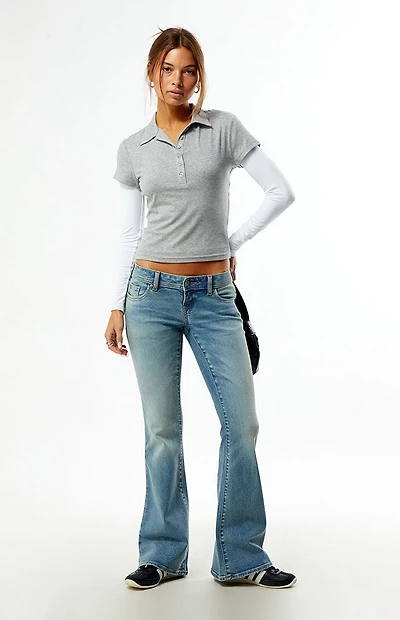 Pacsun Alana Ultra Low Rise Flare Jeans Button Pockets Light Blue