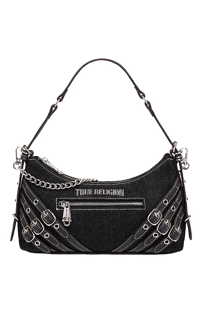 True Religion Triple Straps Black Denim Shoulder Bag