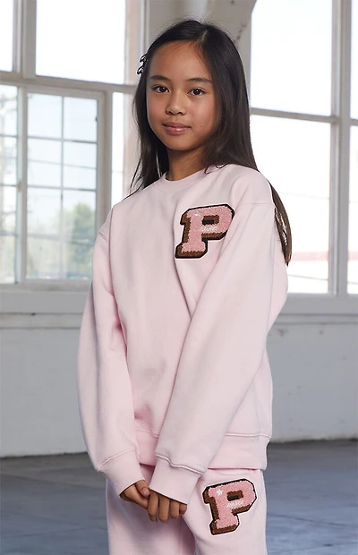 Pacsun Kids Pink Varsity Patch Crew Neck Sweatshirt