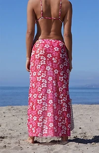 Pacsun Pink Floral Destination Mesh Midi Skirt