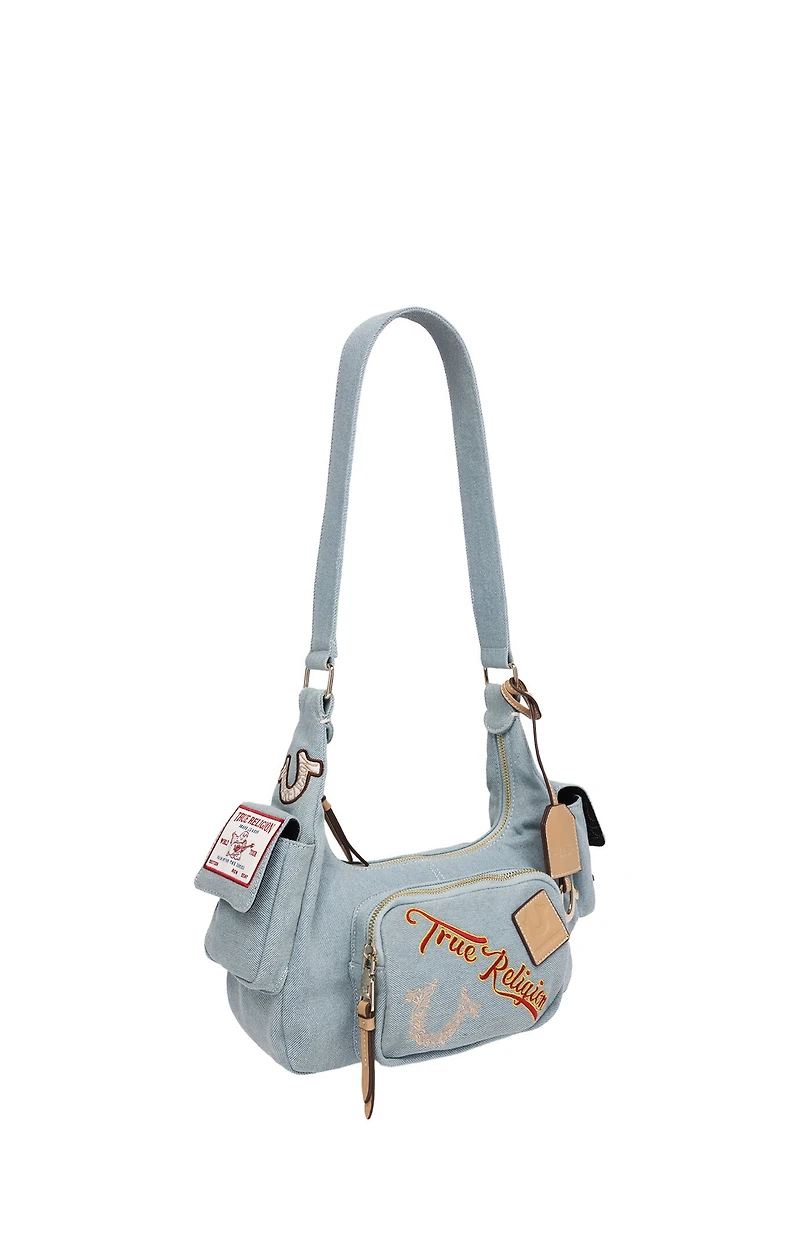 True Religion Multi Patch Denim Hobo Shoulder Bag