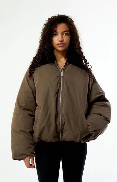 WEWOREWHAT Faux Fur Collar Balloon Bomber Jacket