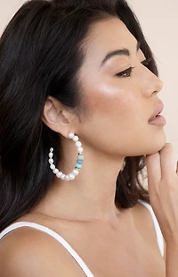 Ettika Beach Day Pearl and Blue Gemstone Hoop Earrings