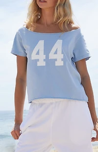 John Galt Sky Blue Robyn 44 Short Sleeve Off-The-Shoulder Top