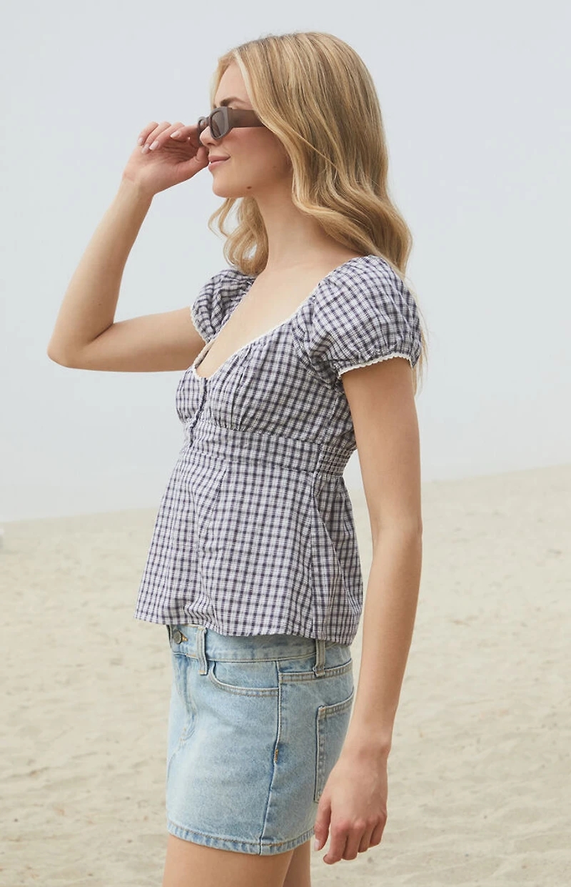 John Galt Blue & White Plaid Blair Short Sleeve Top