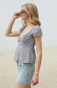 John Galt Blue & White Plaid Blair Short Sleeve Top