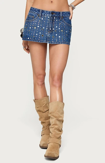 Edikted Studded Grommet Denim Mini Skort
