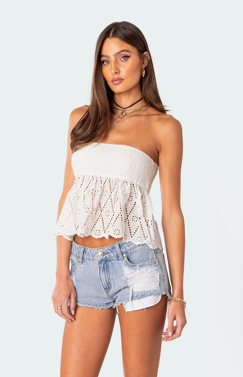Edikted Lacey Cotton Scrunch Tube Top