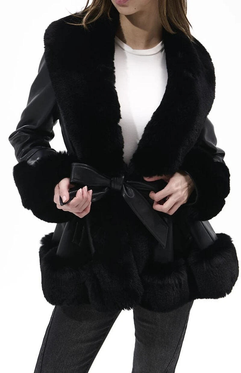 AZALEA WANG Kenzy Black Faux Leather & Fur Belted Coat