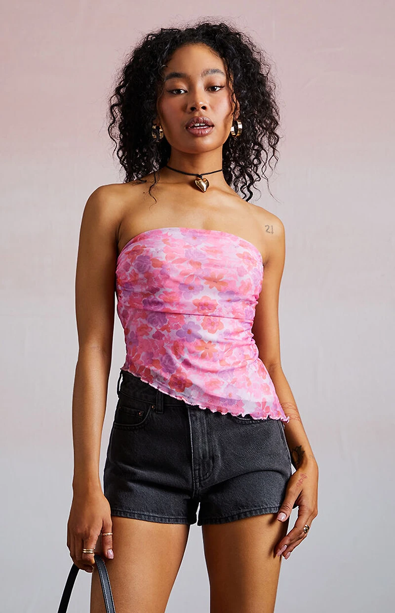 Third Charm Amber Floral Asymmetrical Tube Top