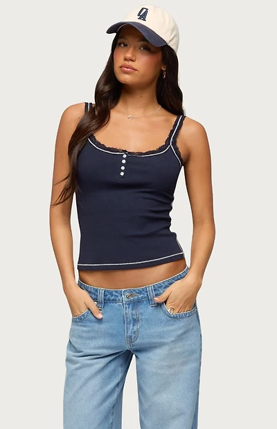 Edikted Contrast Stitched Lacey Henley Top