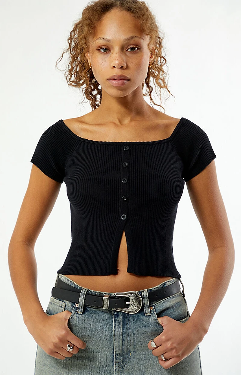 LA Hearts Off-The-Shoulder Button Front Sweater