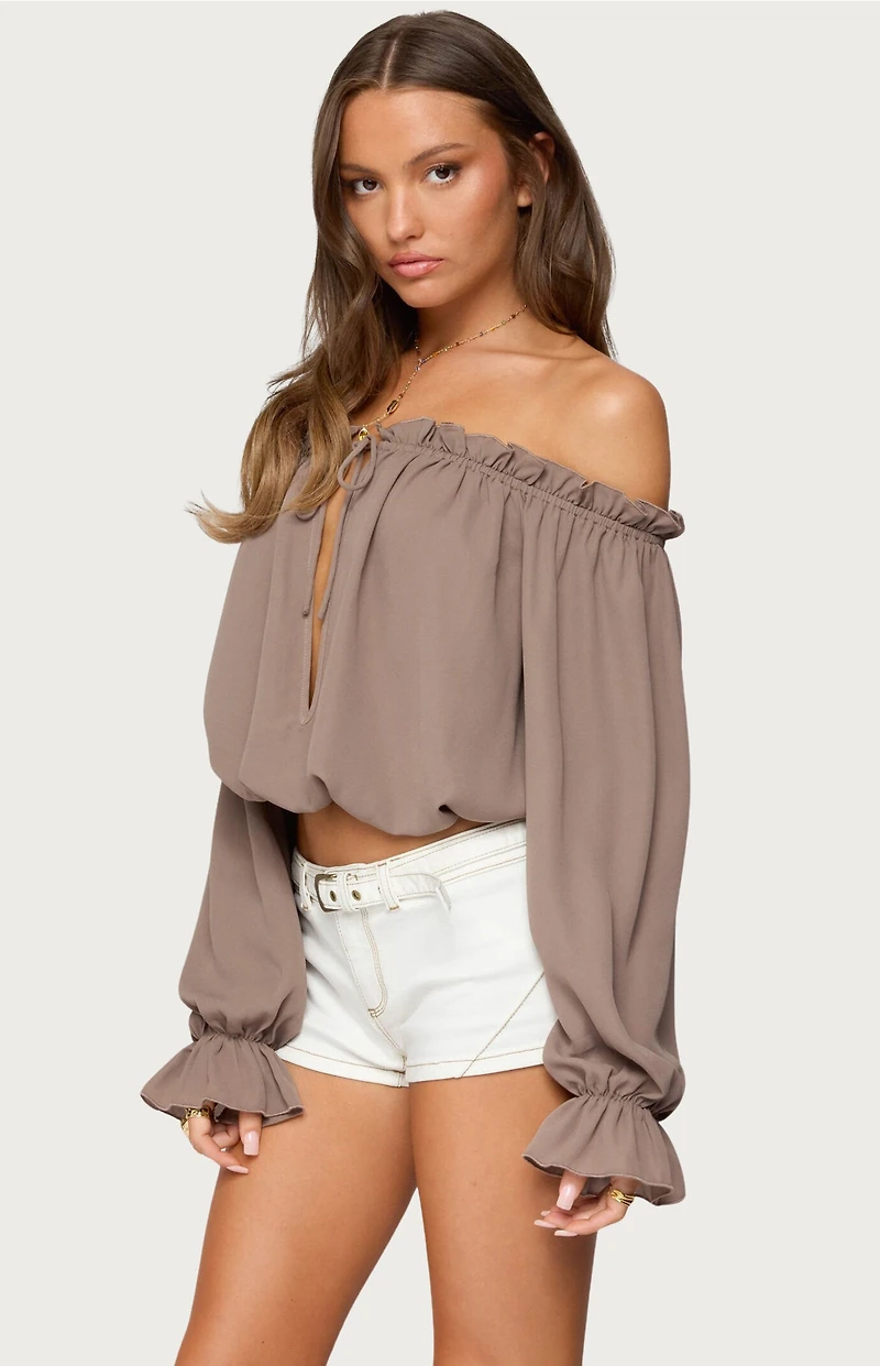 Edikted Juna Off Shoulder Ruffle Chiffon Top