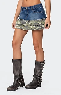 Edikted Camo Ruffle Denim Mini Skirt