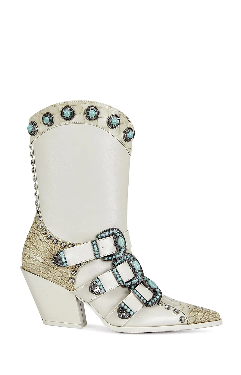 AZALEA WANG Women's Beige Balmoral Turquoise Booties