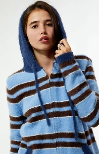 Daisy Street Striped Fluffy Knit Zip Up Hooded Sweater