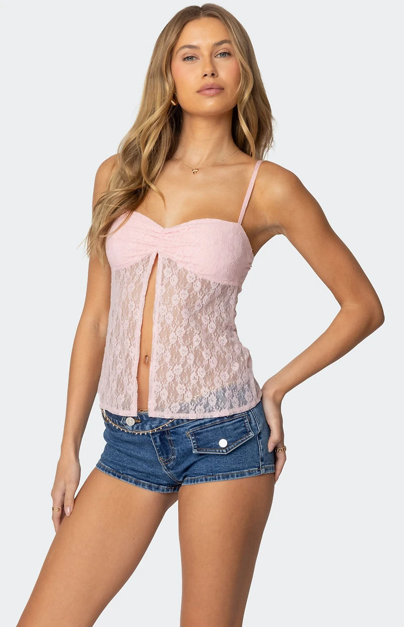 Edikted Priya Sheer Lace Split Front Top
