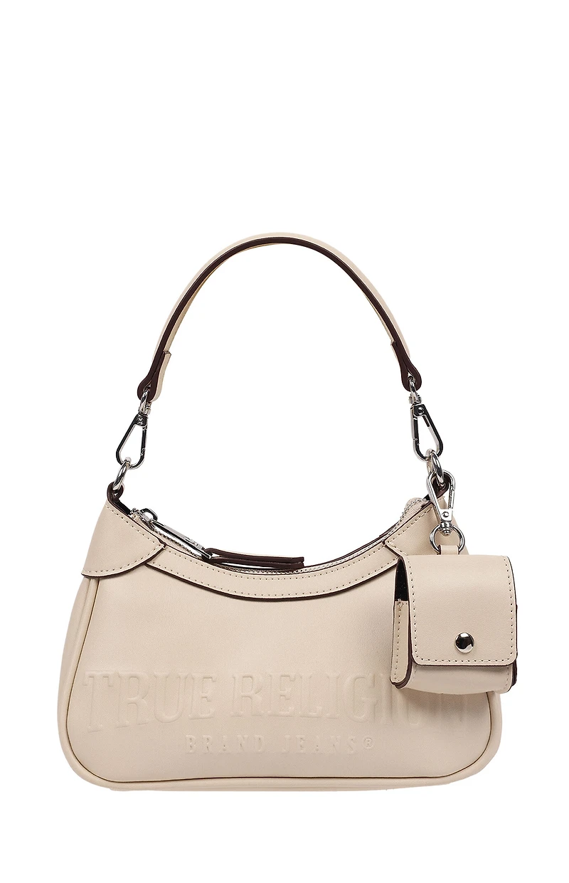 True Religion Cream Trapunto Logo Zip Top Hobo Bag