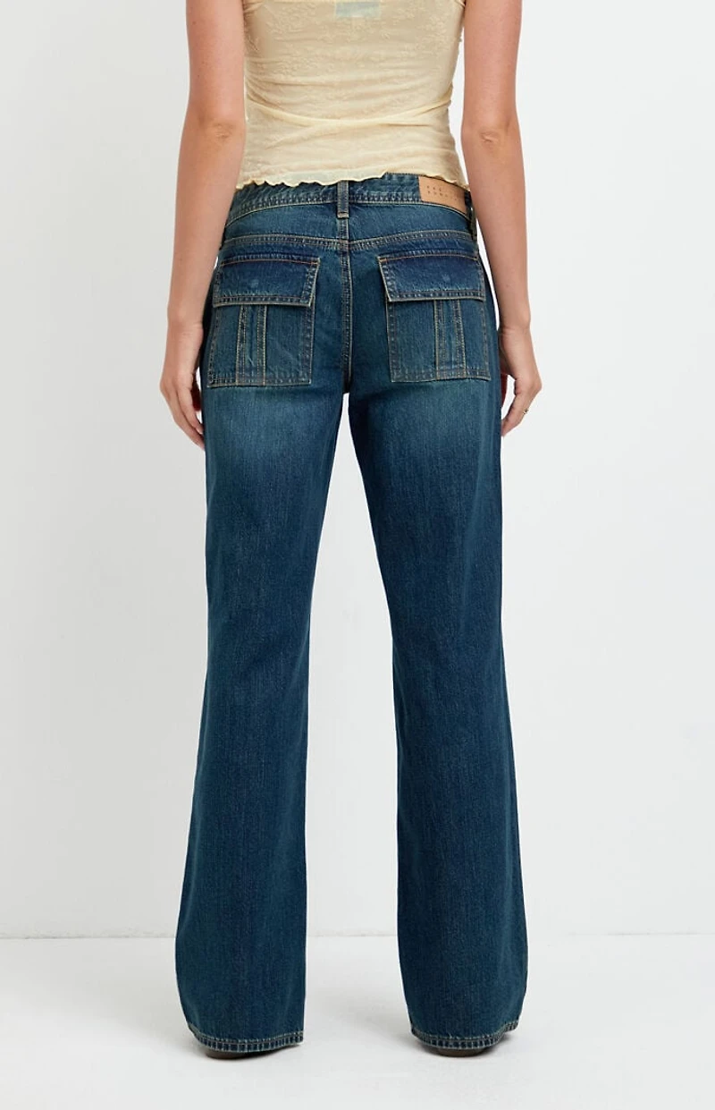 Pacsun Zoe Low Rise Girlfriend Jeans Flap Pocket Dark Blue
