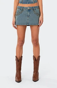 Edikted Studded Low Rise Washed Denim Mini Skirt