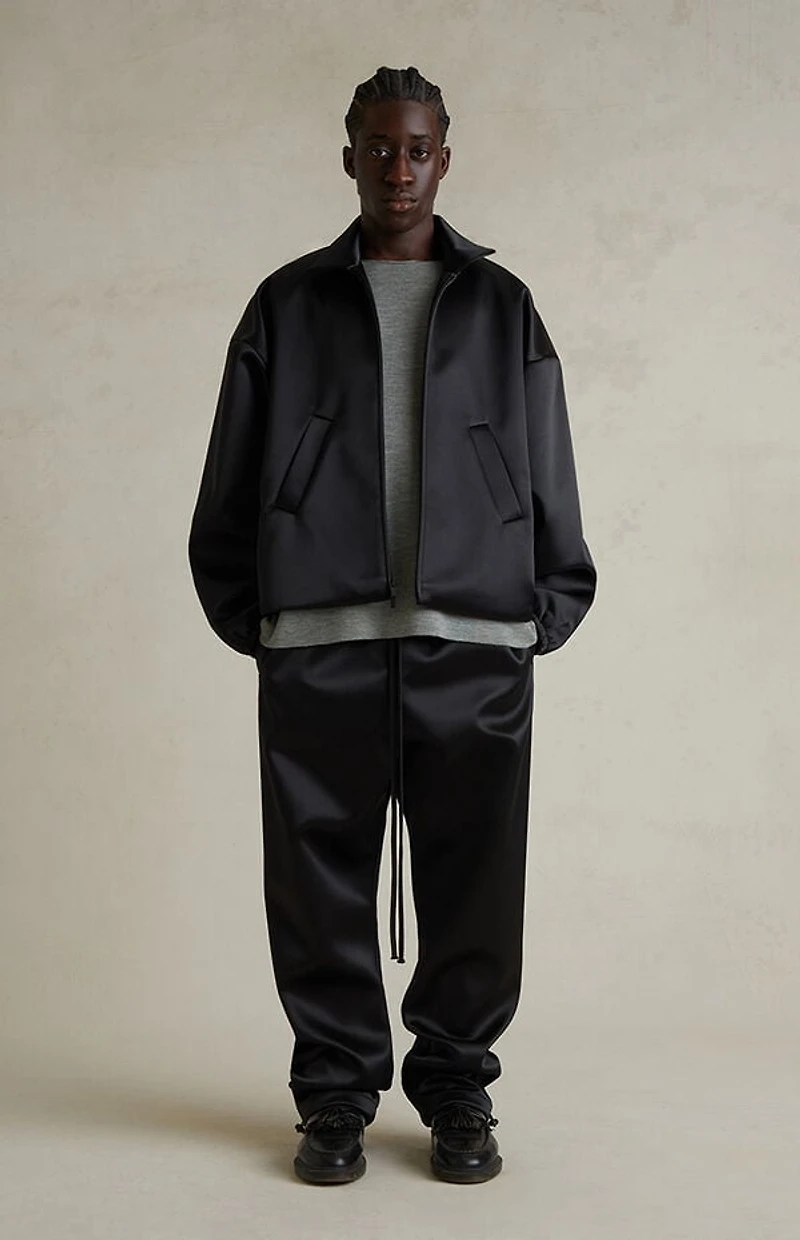Fear of God ESSENTIALS Jet Black Bonded Satin Zip Up Bomber Jacket