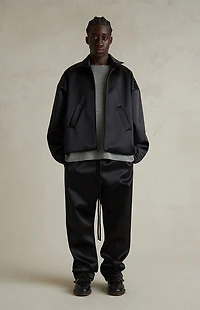 Fear of God ESSENTIALS Jet Black Bonded Satin Zip Up Bomber Jacket