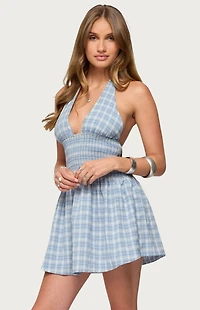 Edikted Plaid Smocked Halter Mini Dress