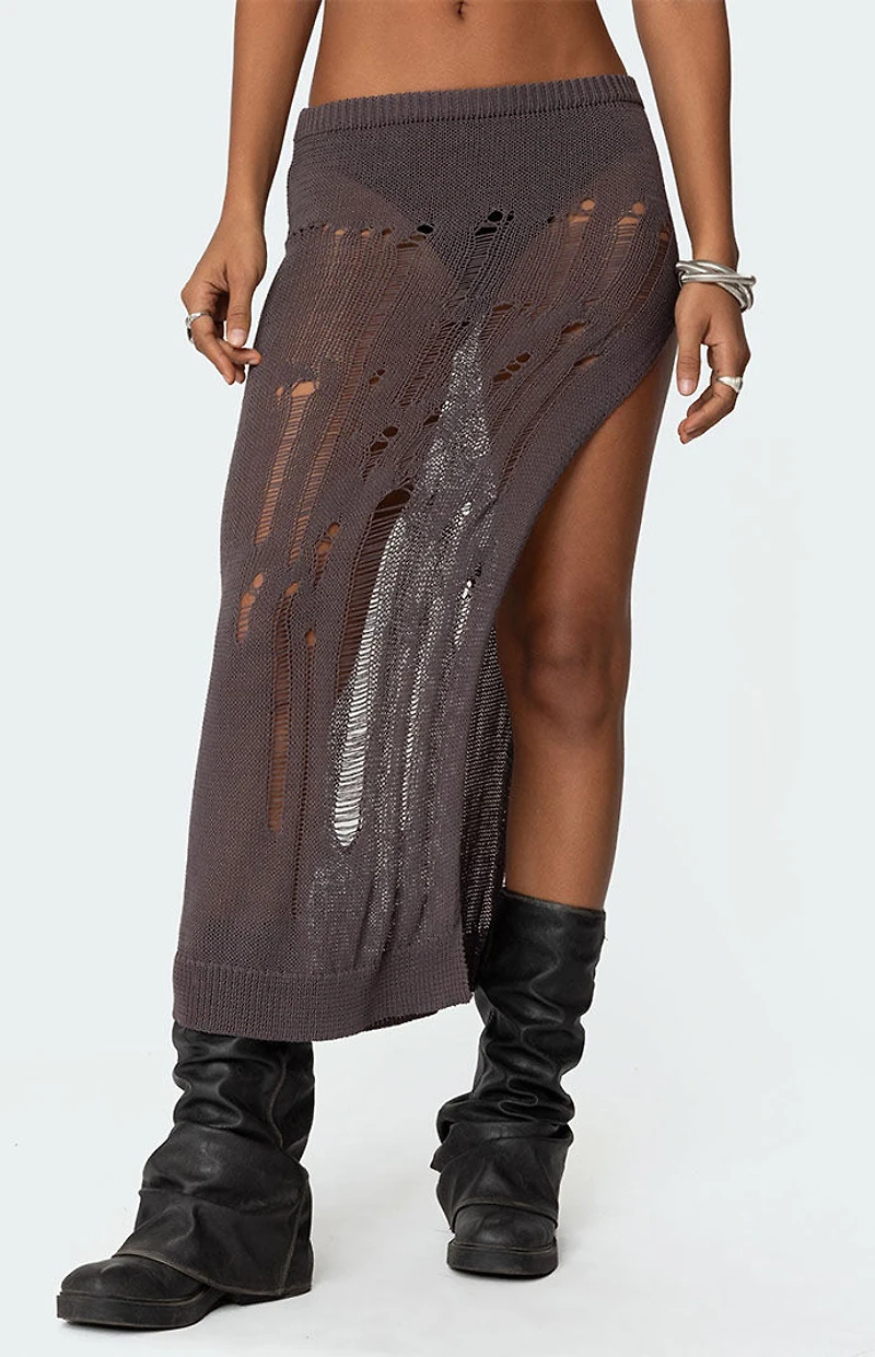 Edikted Jaynie Distressed Knit Maxi Skirt